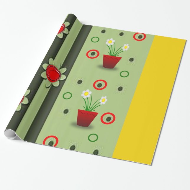 Papier Cadeau papier d'emballage jaune vert à pots de fleurs rou (Déroulé)