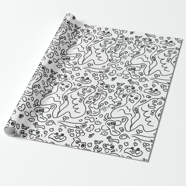 Papier Cadeau Papier d'emballage motif doodle noir et blanc (Déroulé)