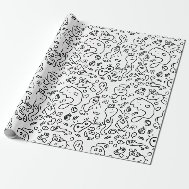 Papier Cadeau Papier d'emballage motif doodle noir et blanc (Déroulé)