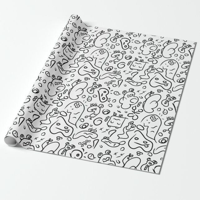 Papier Cadeau Papier d'emballage motif doodle noir et blanc (Déroulé)