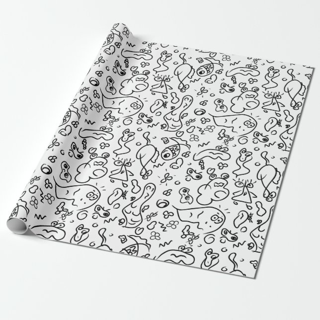 Papier Cadeau Papier d'emballage motif doodle noir et blanc (Déroulé)