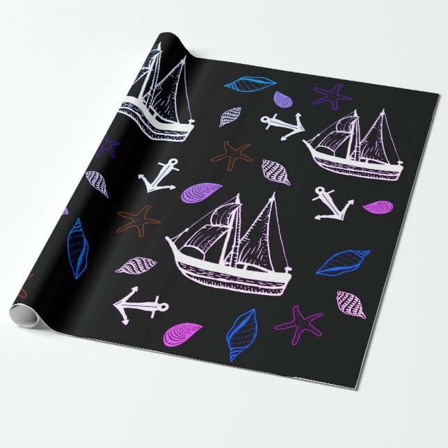 Papier Cadeau Papier d'emballage nautique, thème océanique (Déroulé)