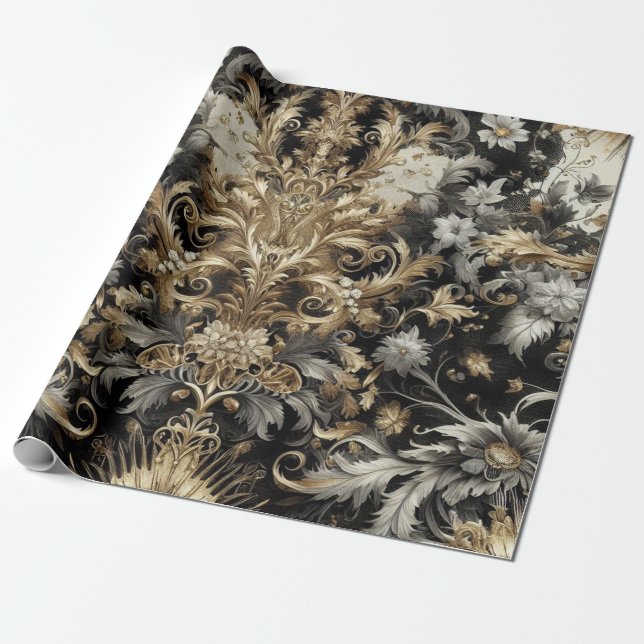 Papier Cadeau Papier d'emballage - Noir, Blanc, Or Floral (Déroulé)