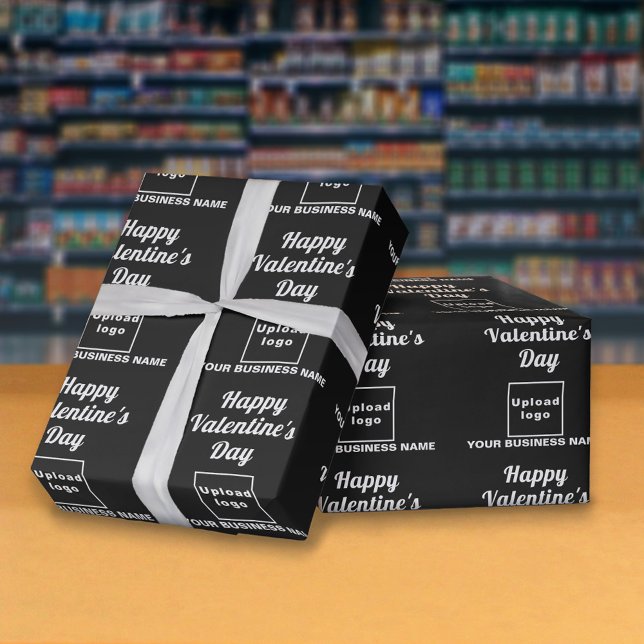 Papier Cadeau Papier d'emballage noir de la Saint-Valentin pour  (Business name and logo with Happy Valentine's Day greeting on black wrapping paper in store.)