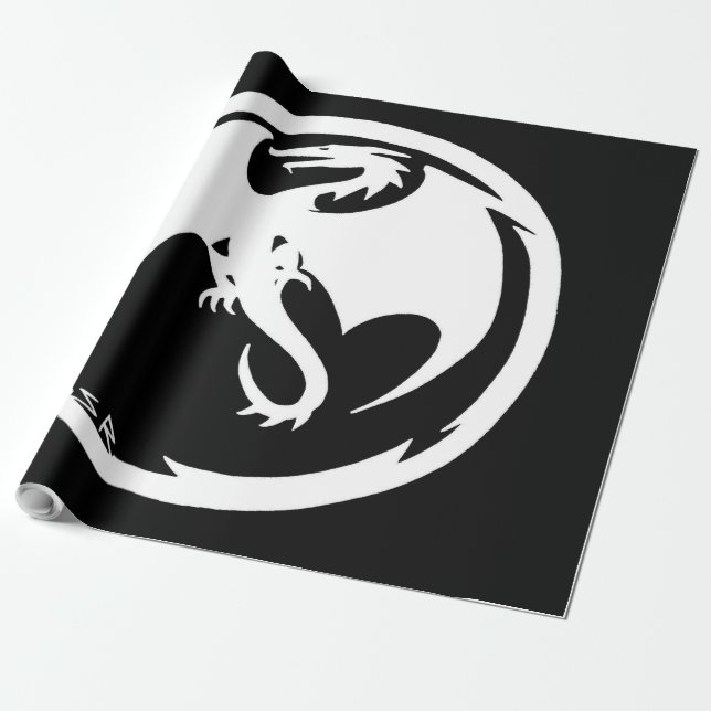 Papier Cadeau Papier d'emballage noir Dragon blanc brillant gran (Déroulé)