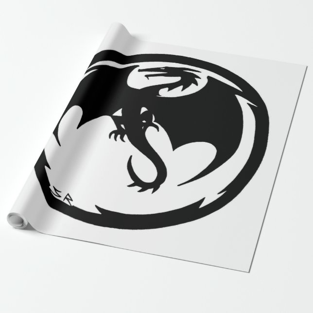Papier Cadeau Papier d'emballage noir Dragon blanc mat grand (Déroulé)