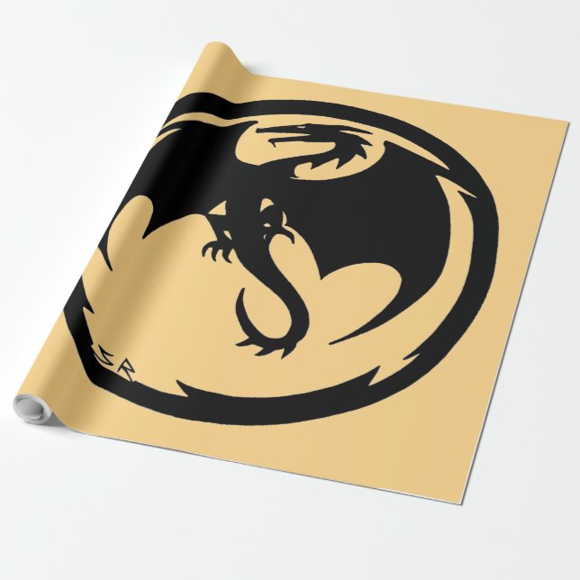 Papier Cadeau Papier d'emballage noir Dragon or brillant grand (Déroulé)