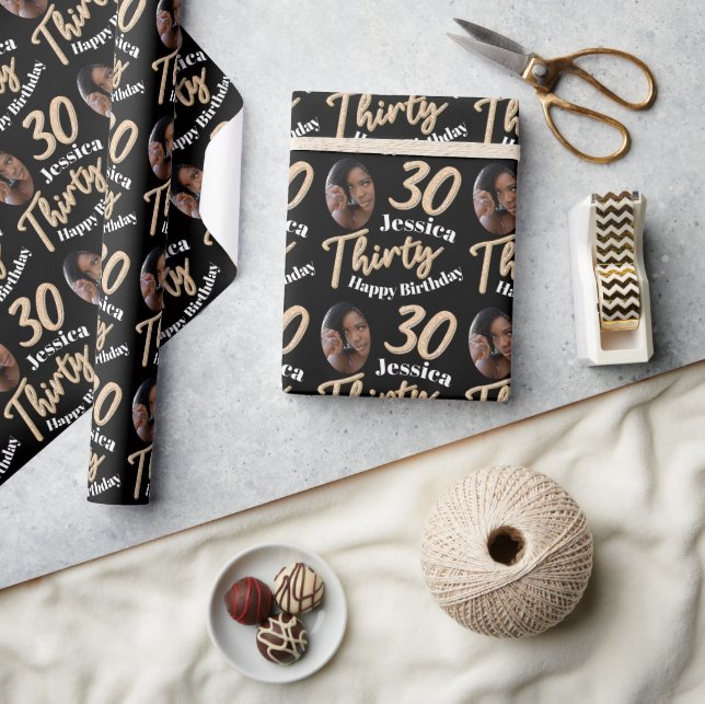 Papier Cadeau Papier d'emballage photo en or noir 30e anniversai (Artisanat)