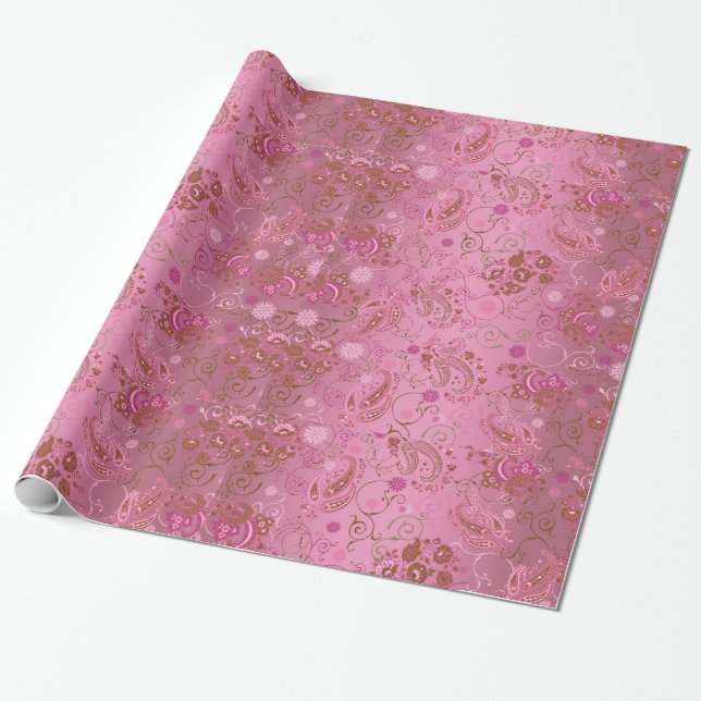 Papier Cadeau Papier d'emballage rose de Paisley (Déroulé)