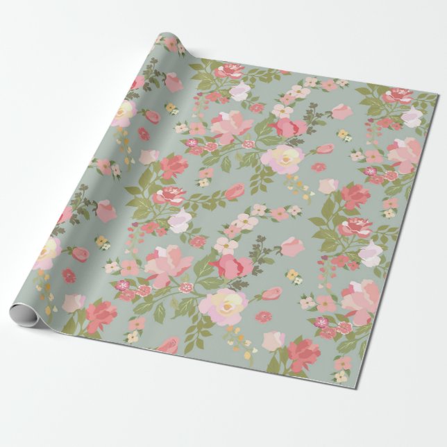Papier Cadeau Papier d'emballage rose et vert floral (Déroulé)