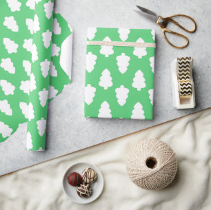 Papier Cadeau papier d'emballage vert avec arbre de noël blanc