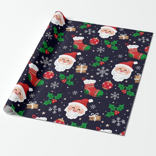 Papier Cadeau Papier d'enneigement de Noël (A festive wrapping paper featuring cheerful Santa faces, stocking, and holiday motifs.  )