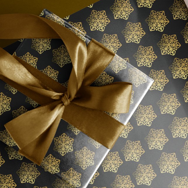 Papier Cadeau Papier d'enneigement noir Gold Snowflakes (Créateur téléchargé)