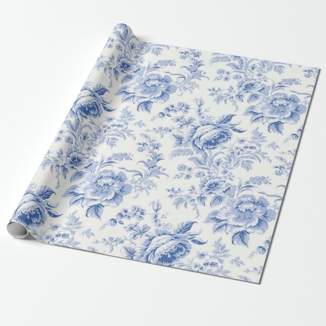 Papier Cadeau Papier d'enrobage bleu vintage de toile Florale (Déroulé)