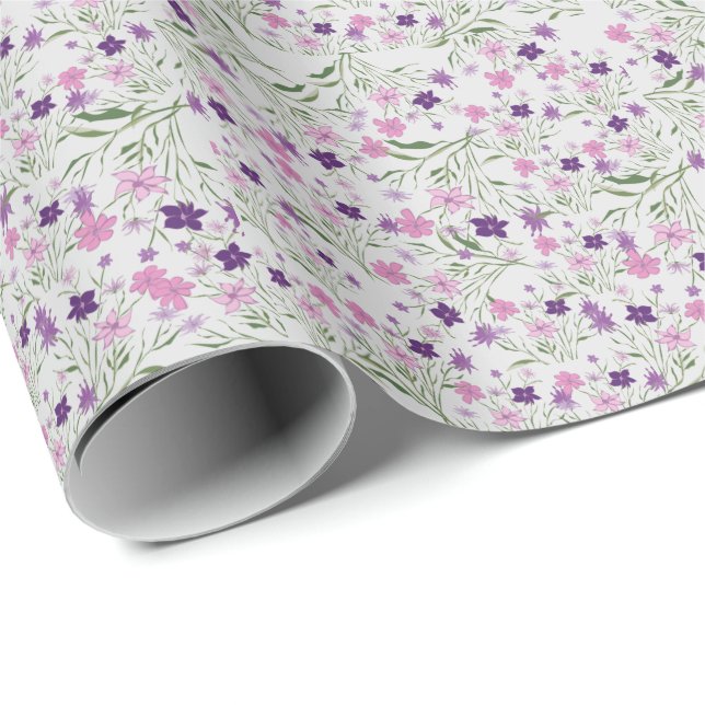 Papier Cadeau Papier d'enrobage Mariage Fleurs de Pré Rose (Coin rond)