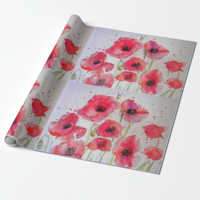 Papier Cadeau Papier d'enveloppement à l'aquarelle du Red Poppy  (Déroulé)