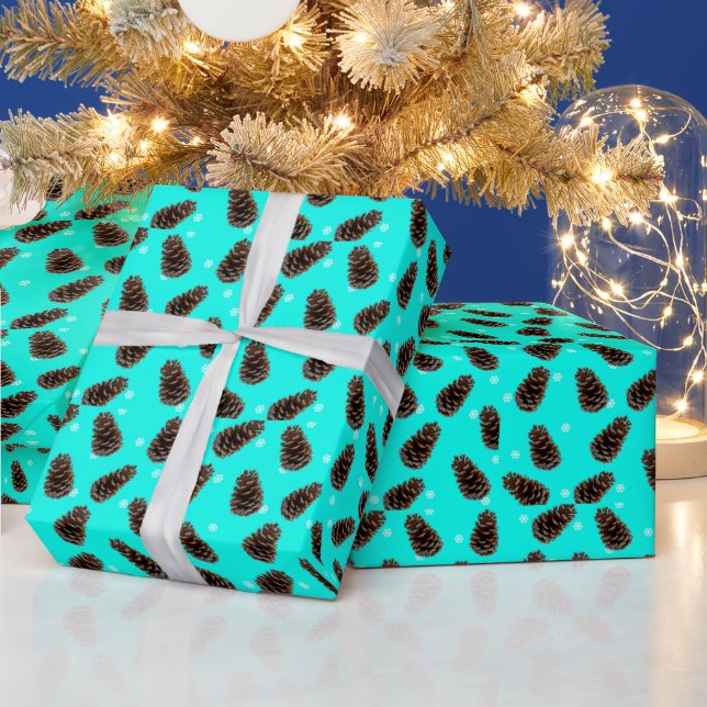 Papier Cadeau Papier d'enveloppement Aqua Motif de Pine Cone Sno (Vacances)
