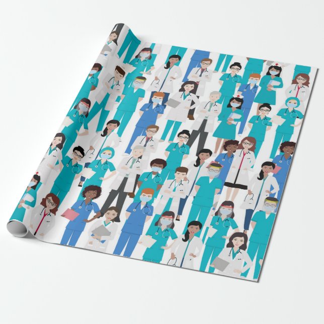 Papier Cadeau Papier d'enveloppement blanc bleu Médicale personn (Déroulé)