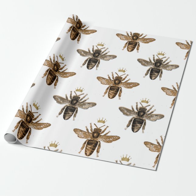 Papier Cadeau Papier d'enveloppement blanc et or Queen Bee (Déroulé)