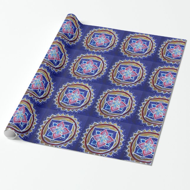 Papier Cadeau Papier d'enveloppement brillant Mandala or bleu (Déroulé)
