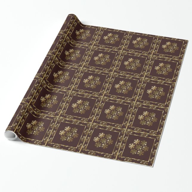 Papier Cadeau Papier d'enveloppement Brown et Gold Snowflake Hol (Déroulé)