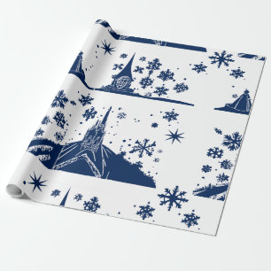 Papier Cadeau Papier d'enveloppement Château de Noël bleu sur bl