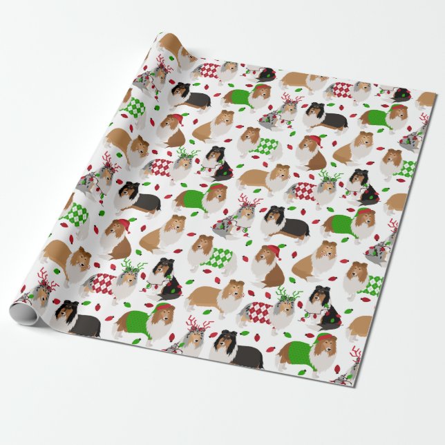 Papier Cadeau Papier d'enveloppement Collie rugueux de Noël (Déroulé)