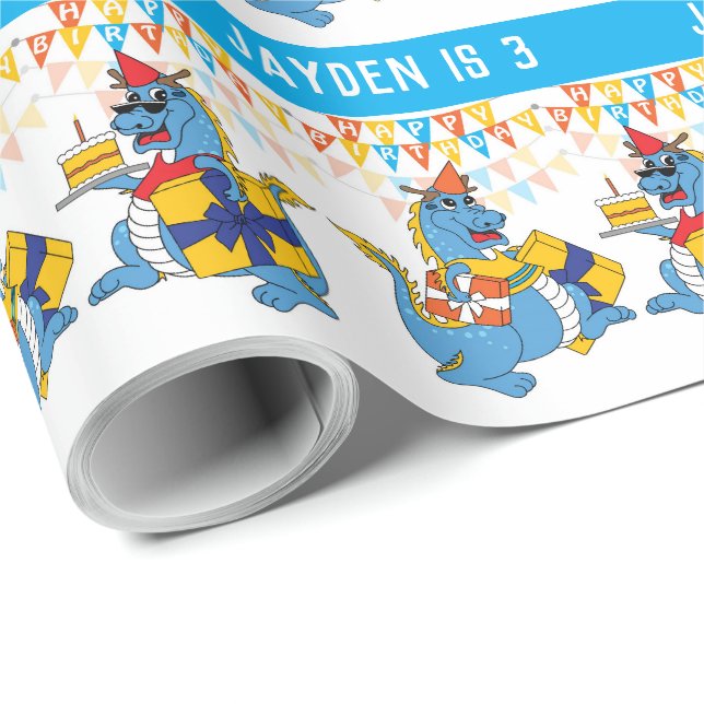 Papier Cadeau Papier d'enveloppement d'anniversaire de dragon bl (Coin rond)
