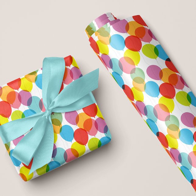 Papier Cadeau Papier d'enveloppement de ballons d'anniversaire a (Gift wrap with pattern of colorful floating translucent birthday balloons)