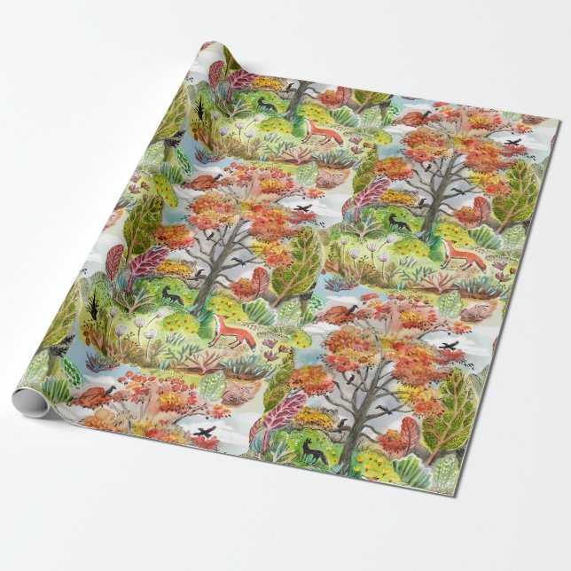 Papier Cadeau Papier d'enveloppement de cabincore Fox Woodland (Déroulé)