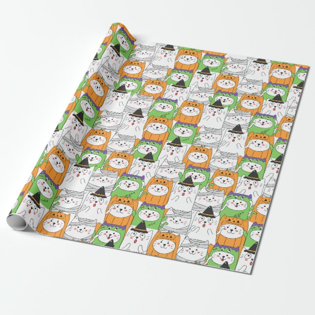Papier Cadeau Papier d'enveloppement de chats d'Halloween (Déroulé)
