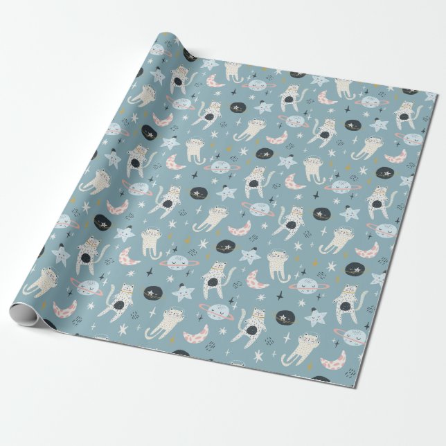 Papier Cadeau Papier d'enveloppement de chats spatiaux (Déroulé)