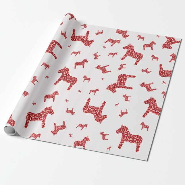 Papier Cadeau Papier d'enveloppement de chevaux de Dala rouge (Déroulé)