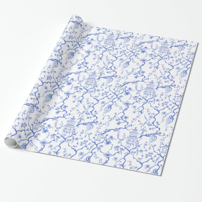 Papier Cadeau Papier d'enveloppement de Chinoiserie Bleu et Blan (Déroulé)