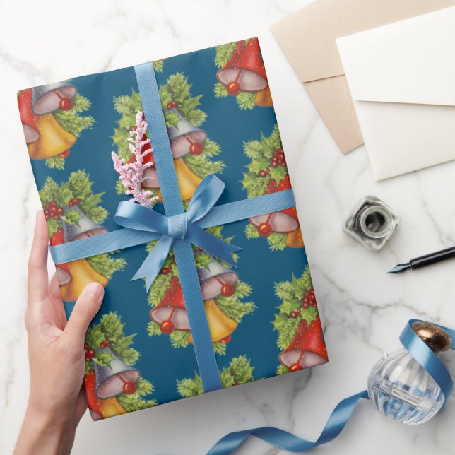 Papier Cadeau Papier d'enveloppement de cloches de Noël bleu fon (Cadeaux)