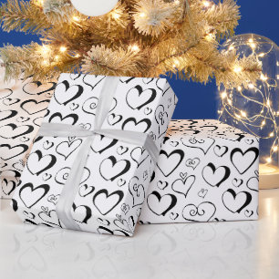 Papier Cadeau Papier d'enveloppement de coeur noir et blanc