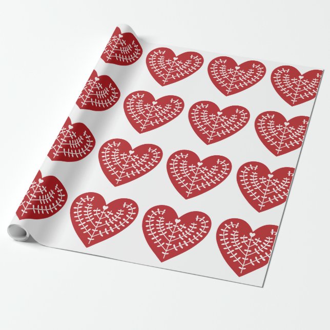 Papier Cadeau Papier d'enveloppement de coeur rouge scandinave (Déroulé)
