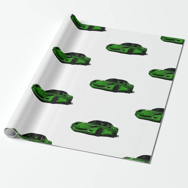 Papier Cadeau Papier d'enveloppement de corvette C6 vert (Déroulé)