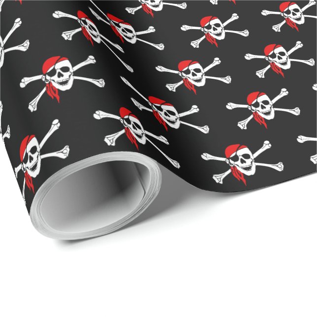 Papier Cadeau Papier d'enveloppement de crâne de pirate noir (Coin rond)