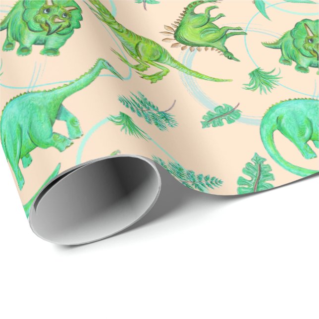 Papier Cadeau Papier d'enveloppement de dinosaure orange et vert (Coin rond)