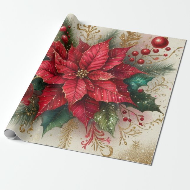 Papier Cadeau Papier d'enveloppement de fleurs rouge de Noël (Déroulé)