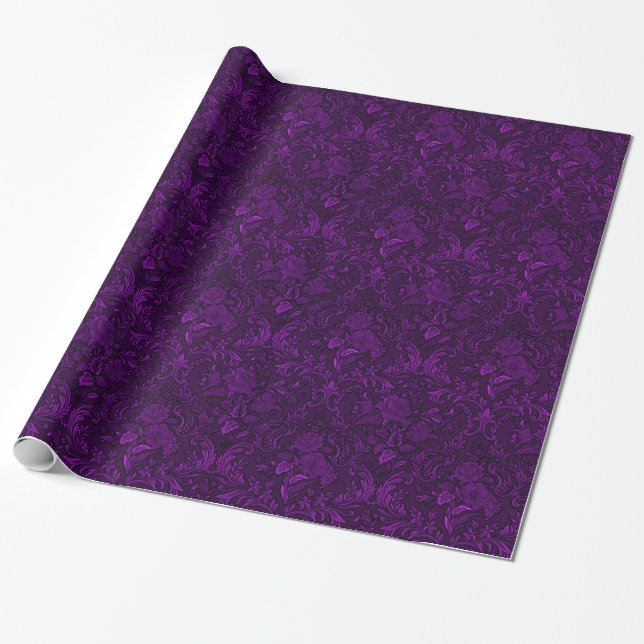 Papier Cadeau Papier d'enveloppement de goth damassé violet Rose (Déroulé)