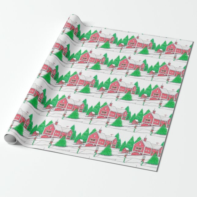 Papier Cadeau Papier d'enveloppement de la grange rouge de Noël (Déroulé)