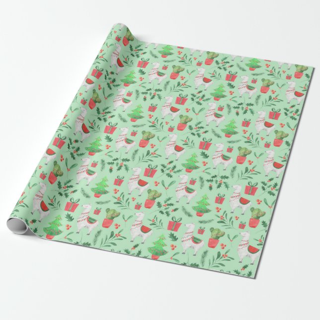 Papier Cadeau Papier d'enveloppement de lama de Noël (Déroulé)