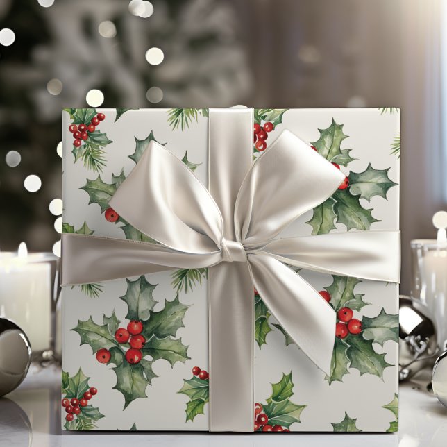 Papier Cadeau Papier D'Enveloppement De Noël Classique Holly Et  (Classic Holly And Berries Christmas Wrapping Paper)