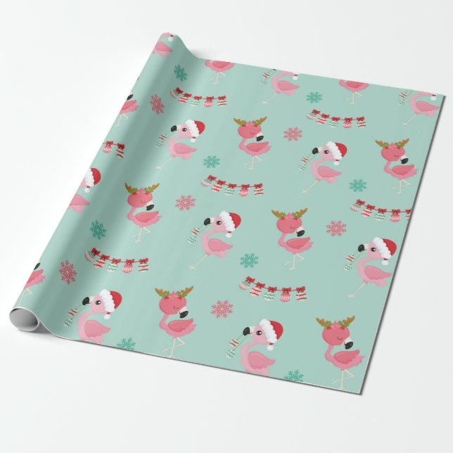 Papier Cadeau Papier d'enveloppement de Noël Flamant rose rose (Déroulé)