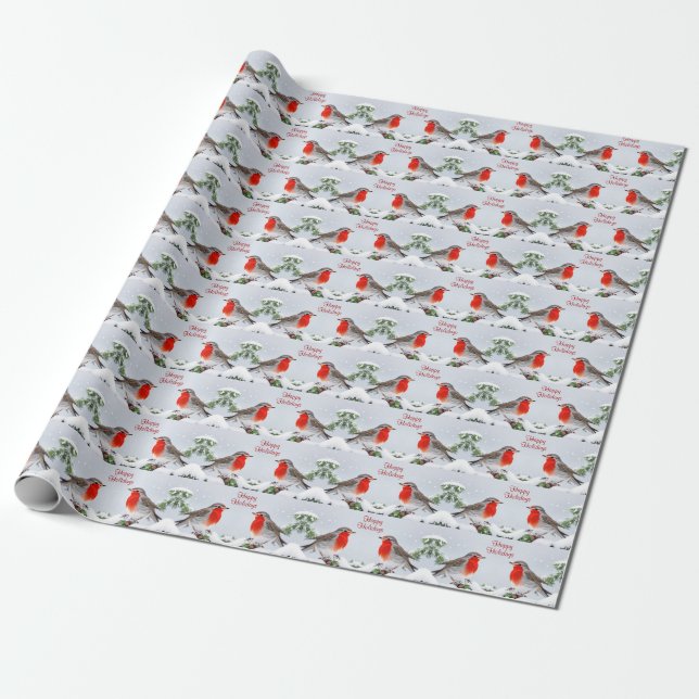 Papier Cadeau Papier d'enveloppement de Noël Red Robins (Déroulé)