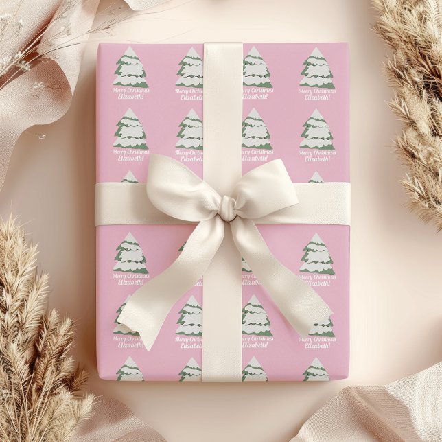 Papier Cadeau Papier d'enveloppement de Noël rose personnalisé (Pink Snow Christmas Tree Wrapping Paper)