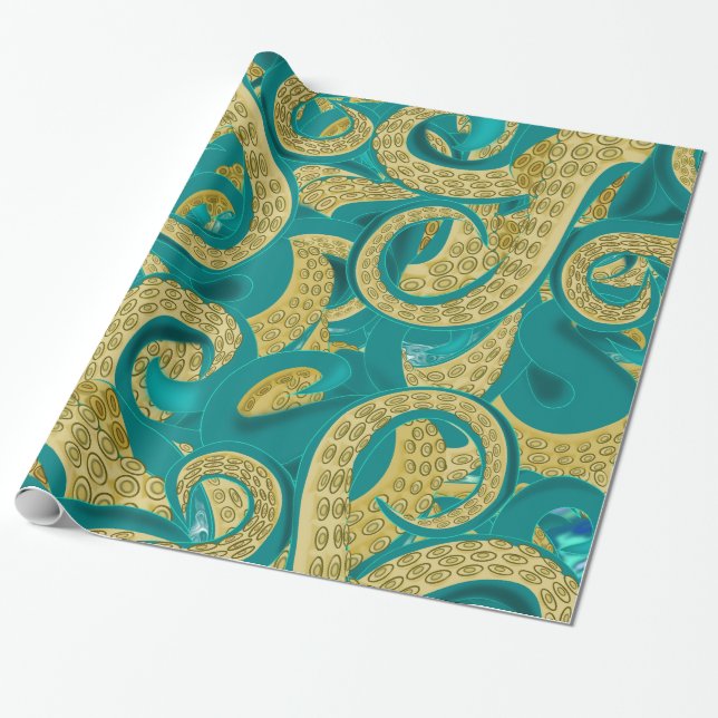 Papier Cadeau Papier d'enveloppement de pieuvre turquoise (Déroulé)