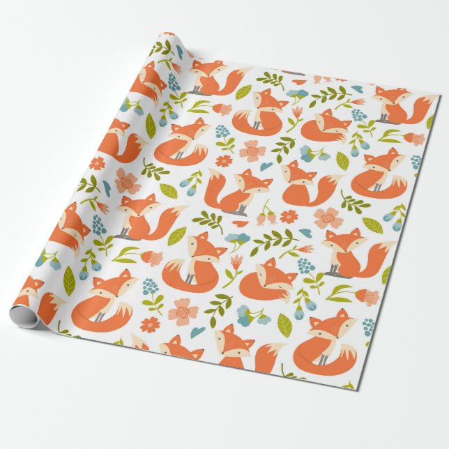 Papier Cadeau Papier d'enveloppement de renard et de fleurs ador (Déroulé)